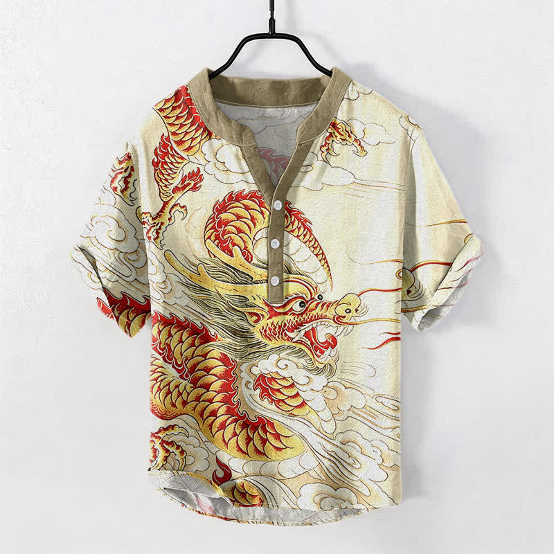 Buddha Stones Cotton Golden Dragon Pattern Men's Short Sleeve Half Button Shirt - Ivory - US/UK/AU50，EU60 (5XL) - image 0