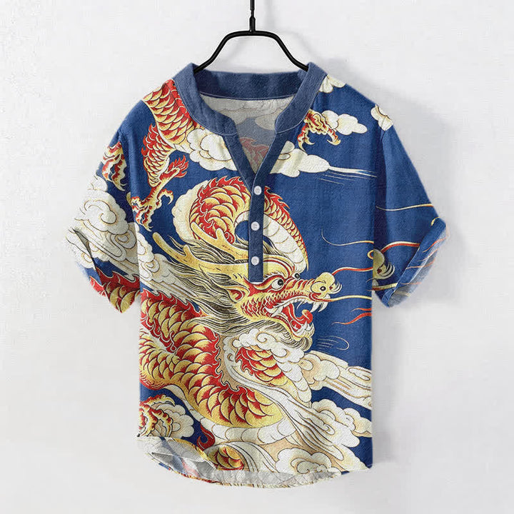 Buddha Stones Cotton Golden Dragon Pattern Men's Short Sleeve Half Button Shirt - RoyalBlue - US/UK/AU50，EU60 (5XL) - image 3