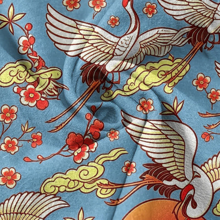 Buddha Stones Pure Cotton Crane Sun Cloud Floral Pattern Men's Short Sleeve Half Button Shirt - image 2