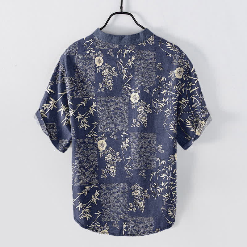 Buddha Stones Cotton Bamboo Floral Patchwork Pattern Men's Short Sleeve Half Button Shirt - image 1