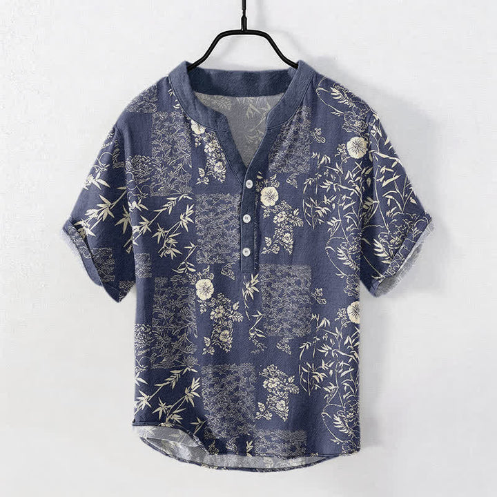 Buddha Stones Cotton Bamboo Floral Patchwork Pattern Men's Short Sleeve Half Button Shirt - Navy - US/UK/AU50，EU60 (5XL) - image 0