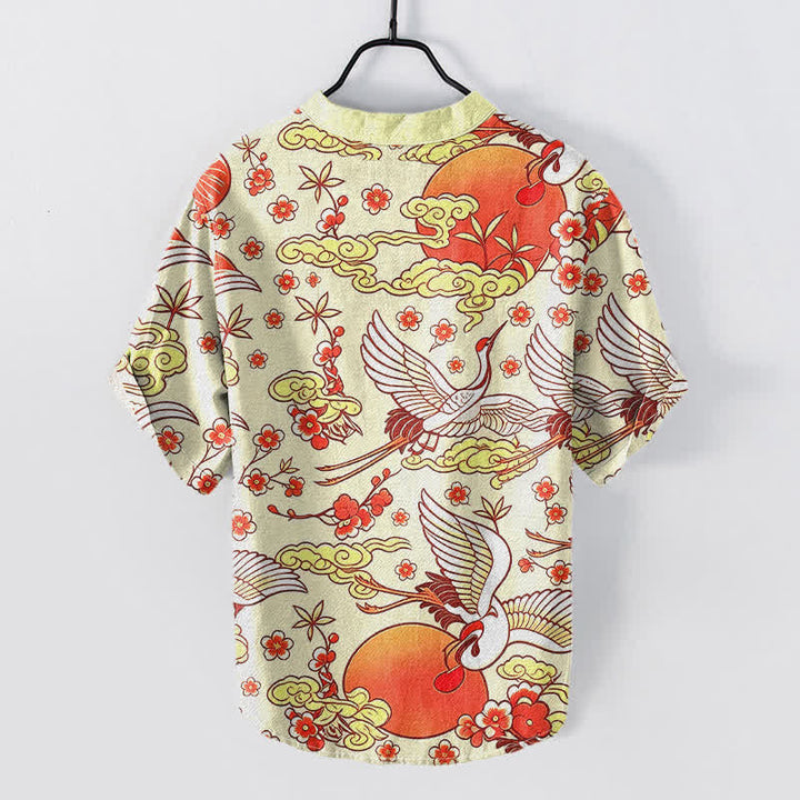 Buddha Stones Pure Cotton Crane Sun Cloud Floral Pattern Men's Short Sleeve Half Button Shirt - image 4