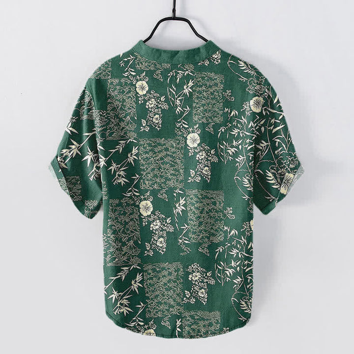 Buddha Stones Cotton Bamboo Floral Patchwork Pattern Men's Short Sleeve Half Button Shirt - image 6