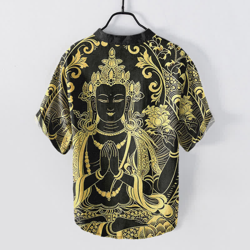 Buddha Stones Cotton Golden Buddha Icon Pattern Men's Short Sleeve Half Button Shirt - image 1