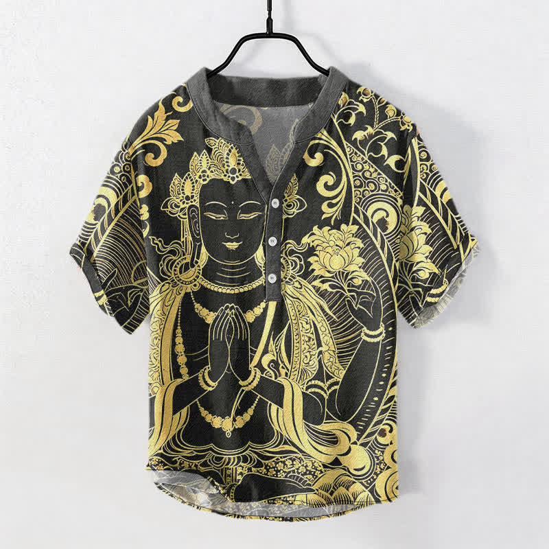 Buddha Stones Cotton Golden Buddha Icon Pattern Men's Short Sleeve Half Button Shirt - Black - US/UK/AU50，EU60 (5XL) - image 0