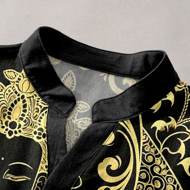 Buddha Stones Cotton Golden Buddha Icon Pattern Men's Short Sleeve Half Button Shirt - image 2