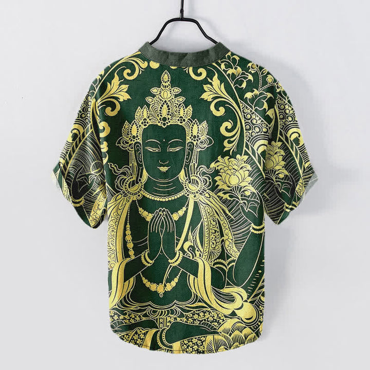 Buddha Stones Cotton Golden Buddha Icon Pattern Men's Short Sleeve Half Button Shirt - image 6
