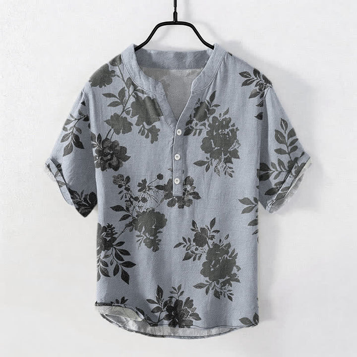 Buddha Stones Cotton Oversized Charcoal Floral Pattern Men's Short Sleeve Half Button Shirt - LightSteelBlue - US/UK/AU50，EU60 (5XL) - image 5