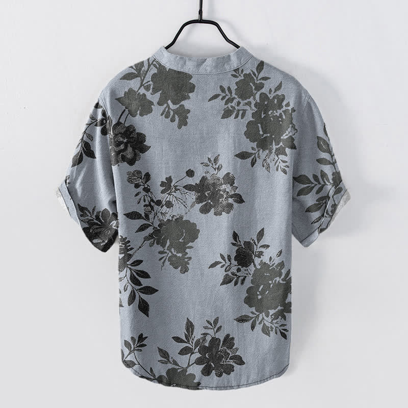 Buddha Stones Cotton Oversized Charcoal Floral Pattern Men's Short Sleeve Half Button Shirt - image 6