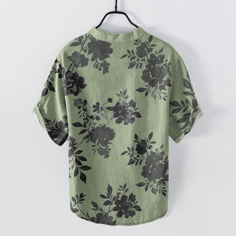 Buddha Stones Cotton Oversized Charcoal Floral Pattern Men's Short Sleeve Half Button Shirt - image 8