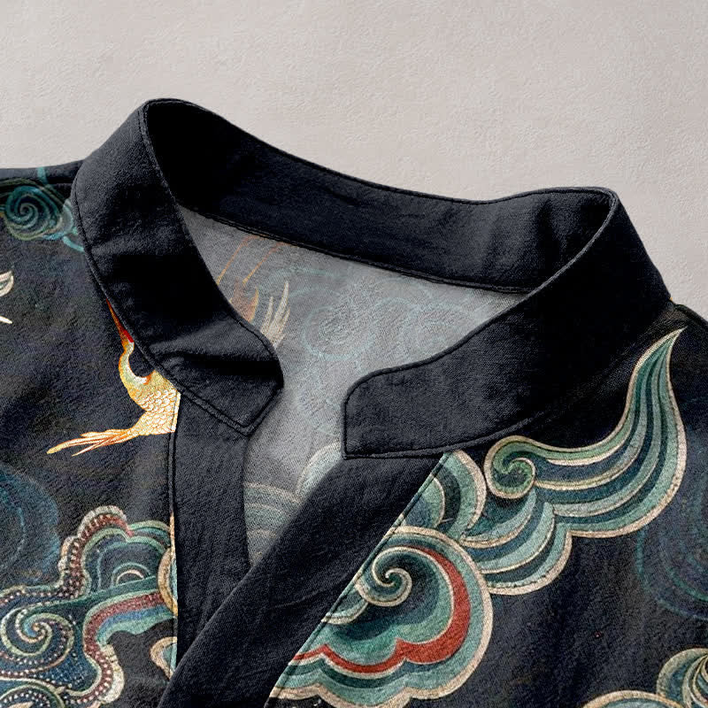 Buddha Stones Cotton Koi Fish Lotus Pattern Men's Short Sleeve Half Button Shirt - image 2