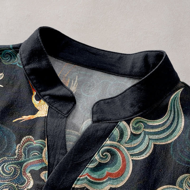 Buddha Stones Cotton Koi Fish Lotus Pattern Men's Short Sleeve Half Button Shirt - image 2