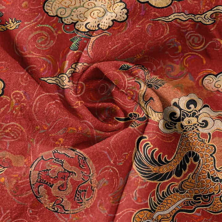 Buddha Stones Cotton Golden Dragon Cloud Pattern Men's Short Sleeve Half Button Shirt - image 4