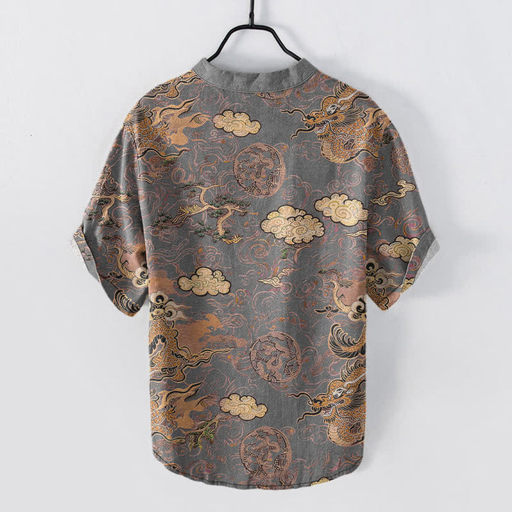 Buddha Stones Cotton Golden Dragon Cloud Pattern Men's Short Sleeve Half Button Shirt - image 6