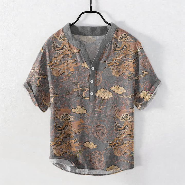Buddha Stones Cotton Golden Dragon Cloud Pattern Men's Short Sleeve Half Button Shirt - Gray - US/UK/AU50，EU60 (5XL) - image 5