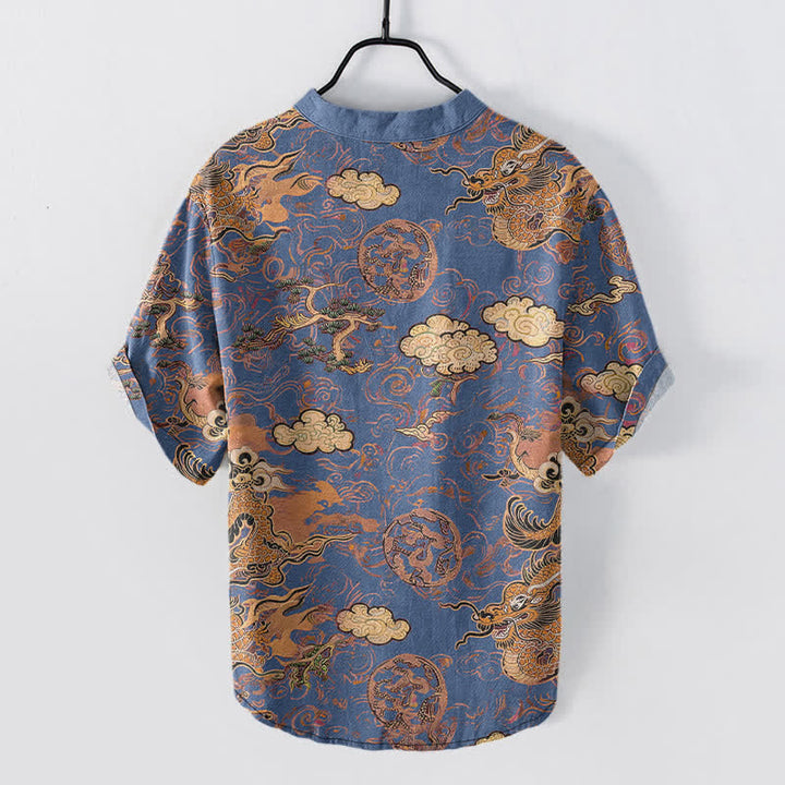 Buddha Stones Cotton Golden Dragon Cloud Pattern Men's Short Sleeve Half Button Shirt - image 8
