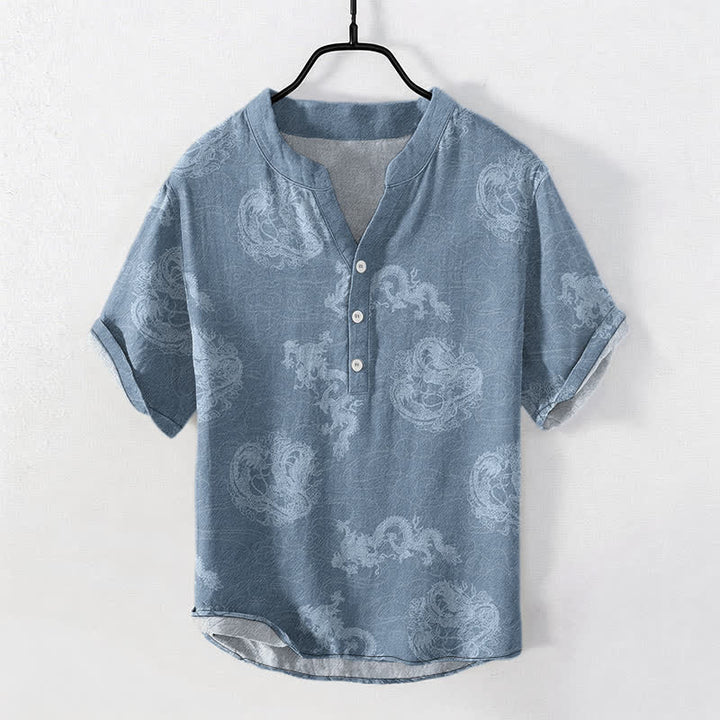 Buddha Stones Cotton Faded Indigo Dragon Pattern Men's Short Sleeve Half Button Shirt - SteelBlue - US/UK/AU50，EU60 (5XL) - image 0