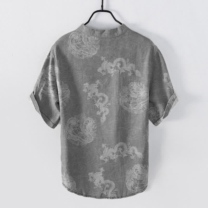 Buddha Stones Cotton Faded Indigo Dragon Pattern Men's Short Sleeve Half Button Shirt - image 6