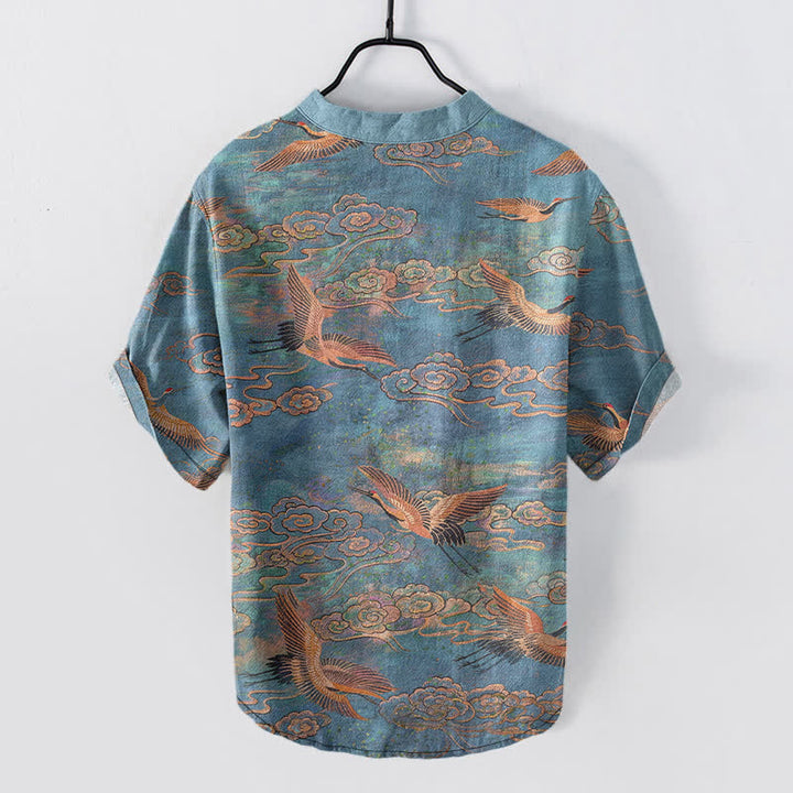 Buddha Stones Cotton Flying Crane Cloud Pattern Men's Short Sleeve Half Button Shirt - image 1