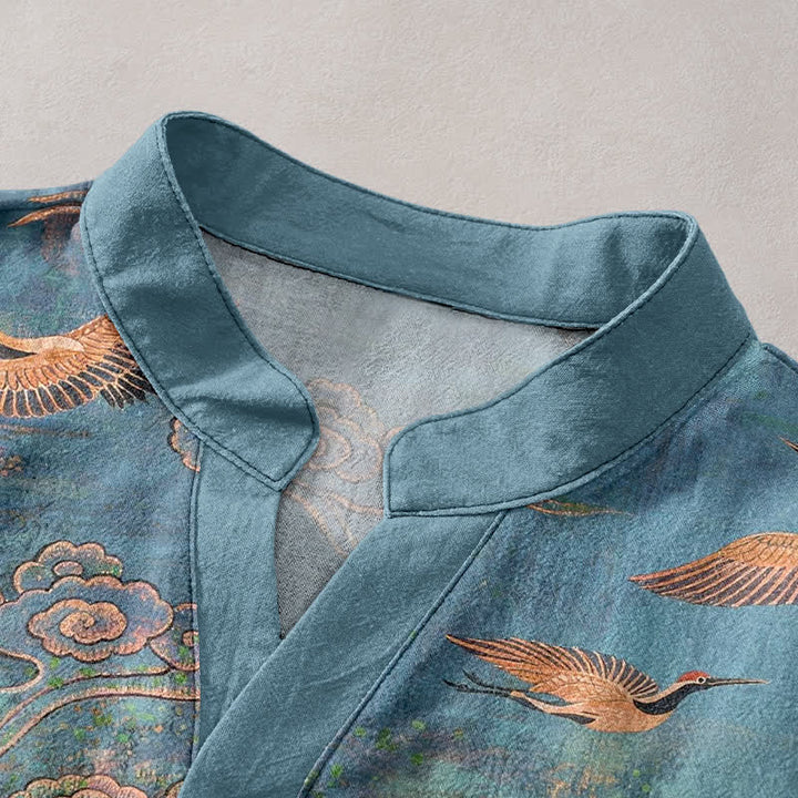 Buddha Stones Cotton Flying Crane Cloud Pattern Men's Short Sleeve Half Button Shirt - image 2