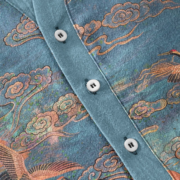 Buddha Stones Cotton Flying Crane Cloud Pattern Men's Short Sleeve Half Button Shirt - image 3