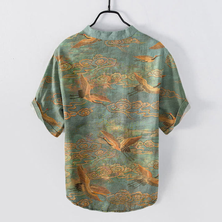 Buddha Stones Cotton Flying Crane Cloud Pattern Men's Short Sleeve Half Button Shirt - image 6