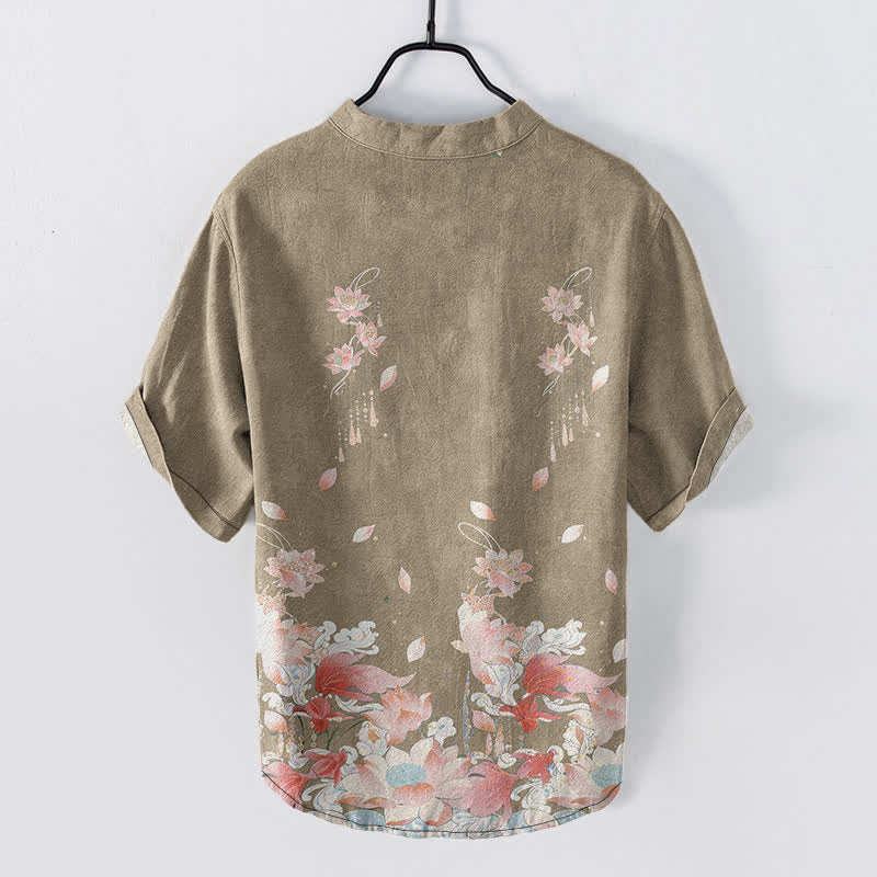 Buddha Stones Cotton Lotus Pattern Men's Short Sleeve Half Button Shirt - image 8