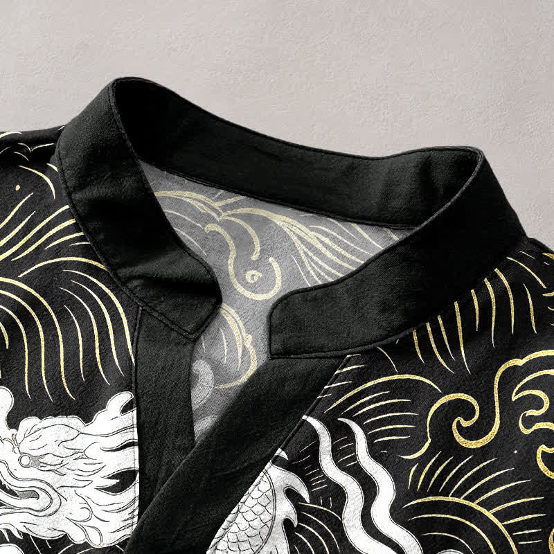 Buddha Stones Cotton White Dragon Wave Pattern Men's Short Sleeve Half Button Shirt - image 2