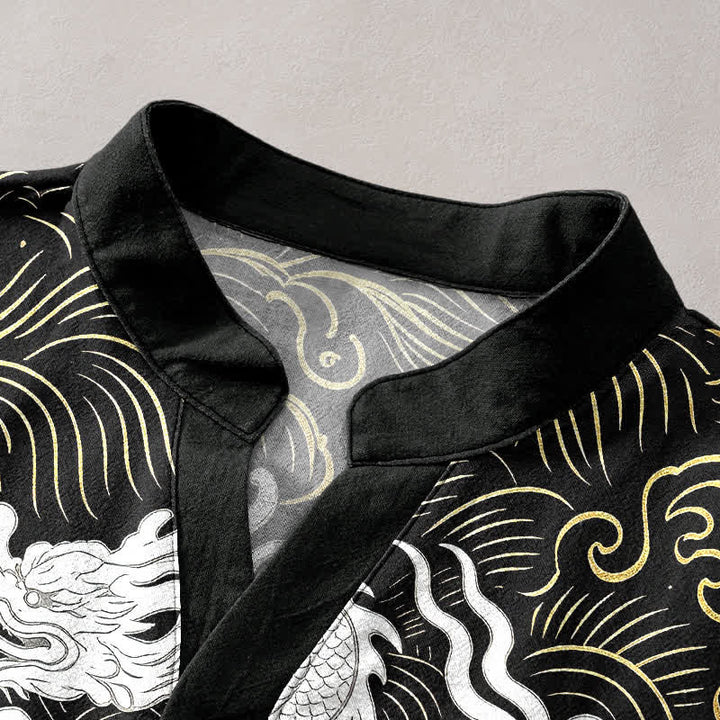 Buddha Stones Cotton White Dragon Wave Pattern Men's Short Sleeve Half Button Shirt - image 2