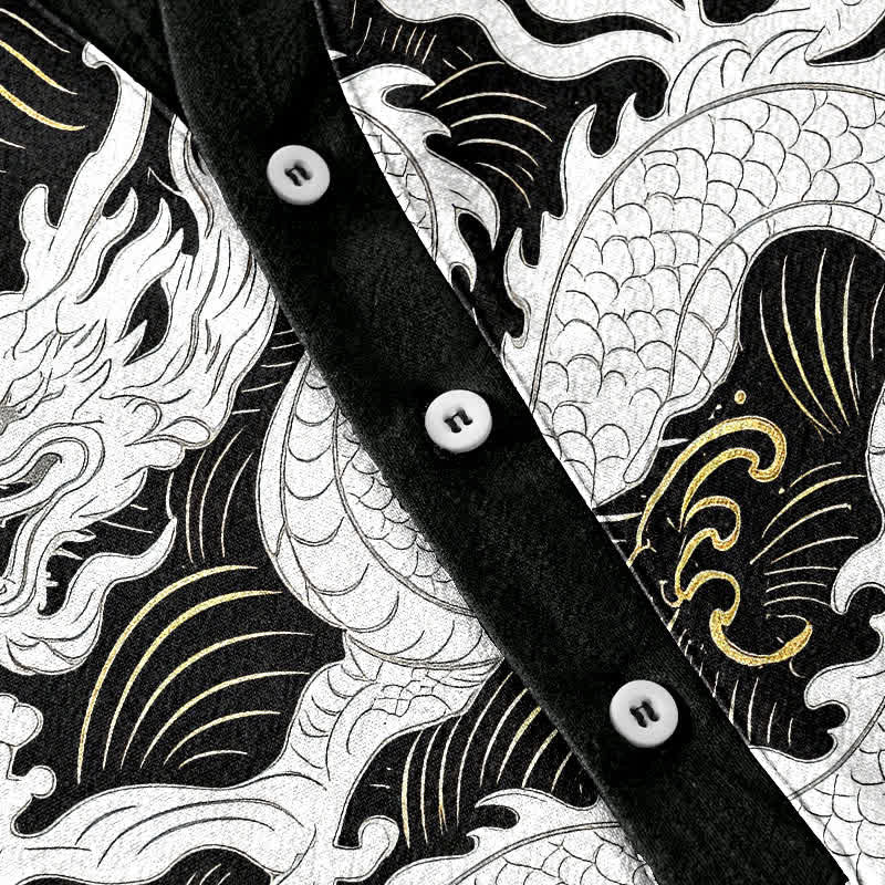 Buddha Stones Cotton White Dragon Wave Pattern Men's Short Sleeve Half Button Shirt - image 3