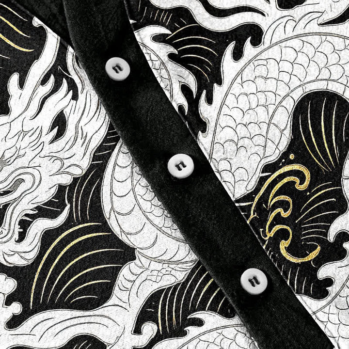 Buddha Stones Cotton White Dragon Wave Pattern Men's Short Sleeve Half Button Shirt - image 3