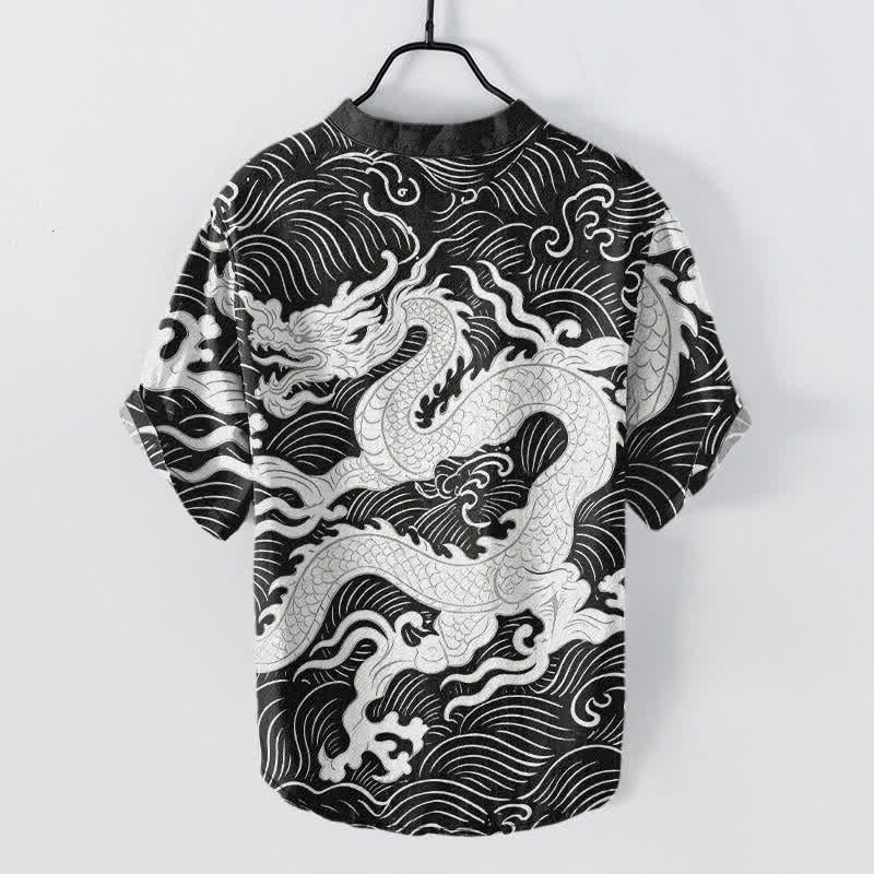 Buddha Stones Cotton White Dragon Wave Pattern Men's Short Sleeve Half Button Shirt - image 6