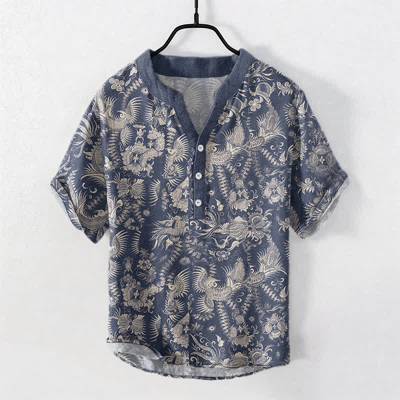 Buddha Stones Cotton Botanical Floral Pattern Men's Short Sleeve Half Button Shirt - SteelBlue - US/UK/AU50，EU60 (5XL) - image 0