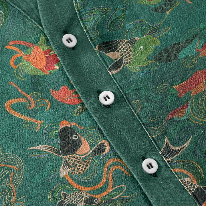 Buddha Stones Cotton Koi Fish Lotus Pattern Men's Short Sleeve Half Button Shirt - image 3