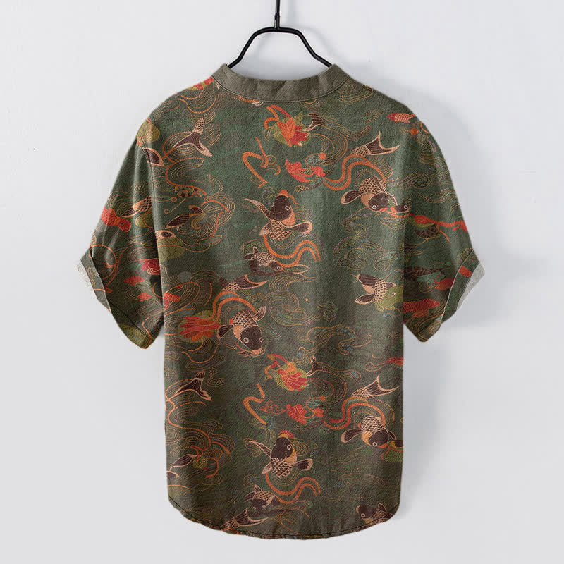 Buddha Stones Cotton Koi Fish Lotus Pattern Men's Short Sleeve Half Button Shirt - image 6