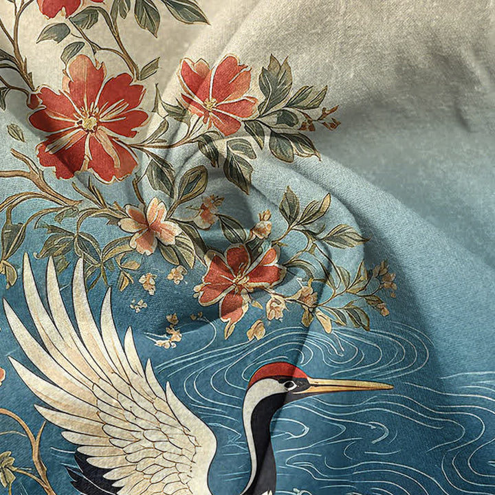 Buddha Stones Cotton Oriental Crane Floral Wave Pattern Men's Short Sleeve Half Button Shirt - image 2
