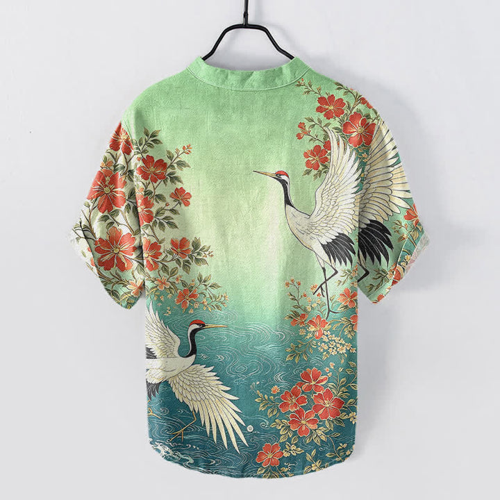 Buddha Stones Cotton Oriental Crane Floral Wave Pattern Men's Short Sleeve Half Button Shirt - image 6