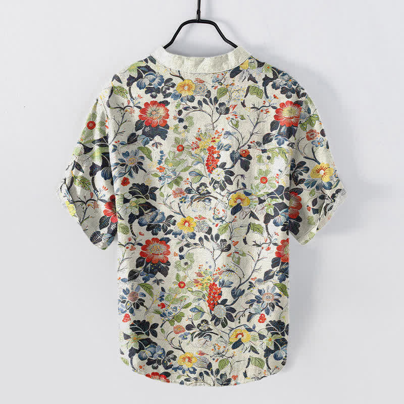 Buddha Stones Cotton Vintage Garden Floral Pattern Men's Short Sleeve Half Button Shirt - image 1