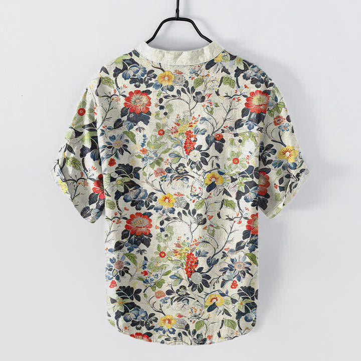 Buddha Stones Cotton Vintage Garden Floral Pattern Men's Short Sleeve Half Button Shirt - image 1