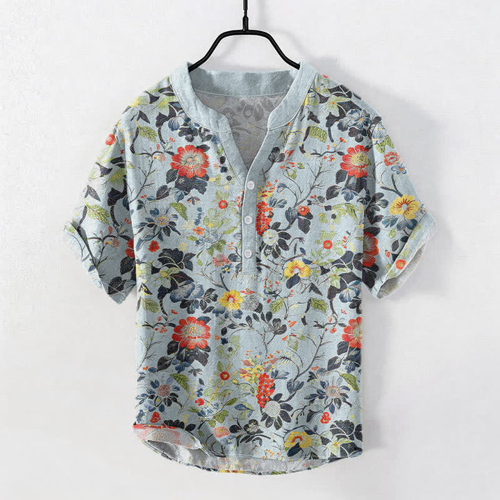 Buddha Stones Cotton Vintage Garden Floral Pattern Men's Short Sleeve Half Button Shirt - PowderBlue - US/UK/AU50，EU60 (5XL) - image 3
