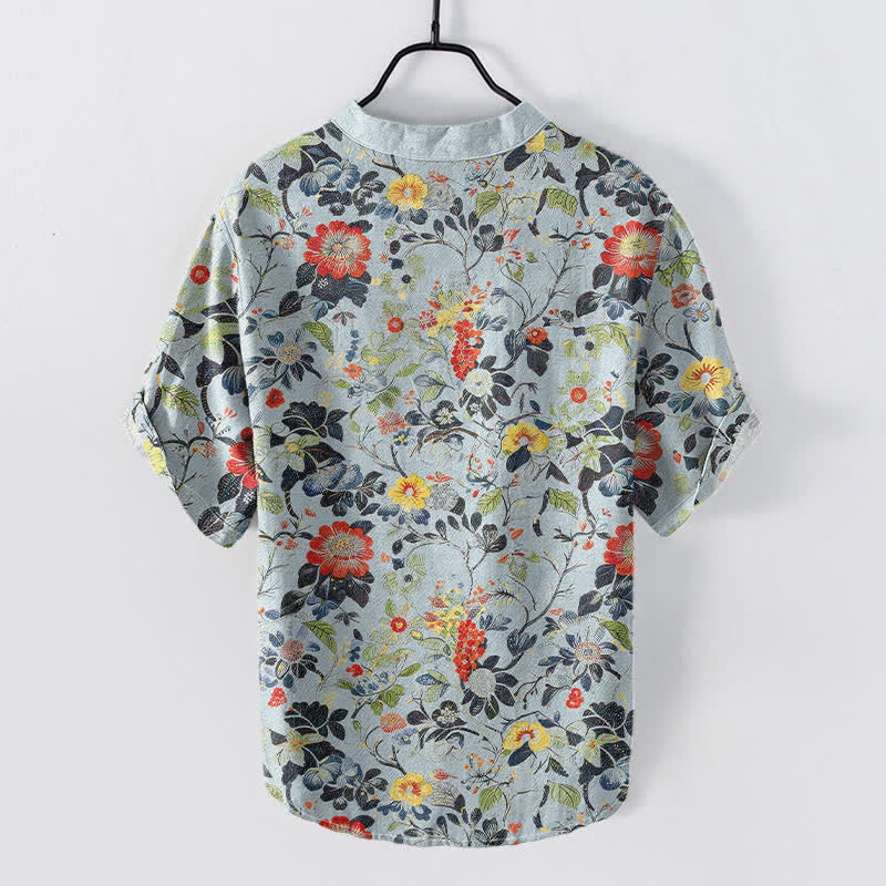 Buddha Stones Cotton Vintage Garden Floral Pattern Men's Short Sleeve Half Button Shirt - image 4