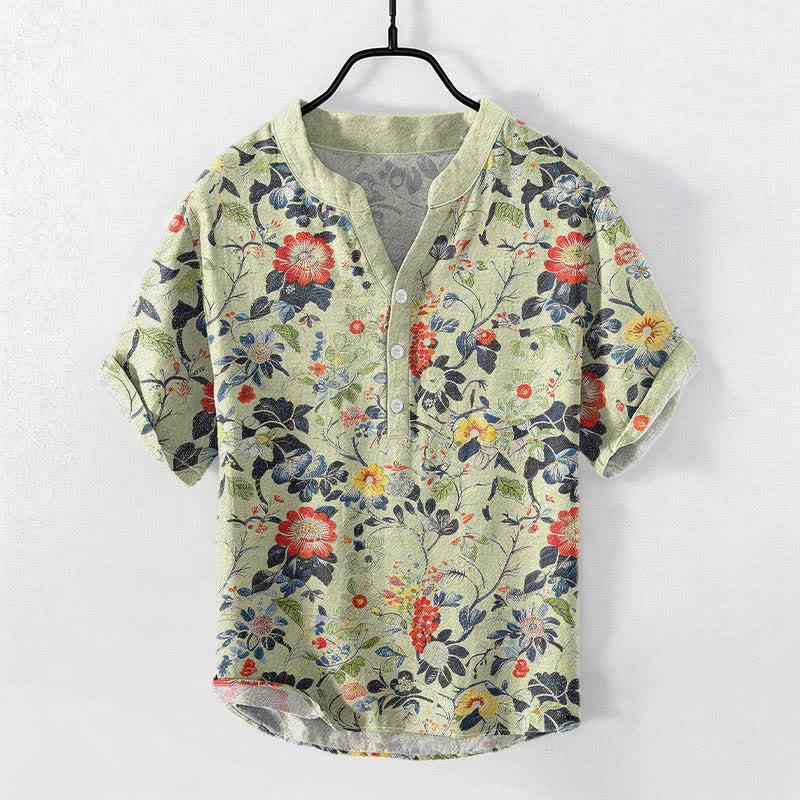 Buddha Stones Cotton Vintage Garden Floral Pattern Men's Short Sleeve Half Button Shirt - HoneyDew - US/UK/AU50，EU60 (5XL) - image 5