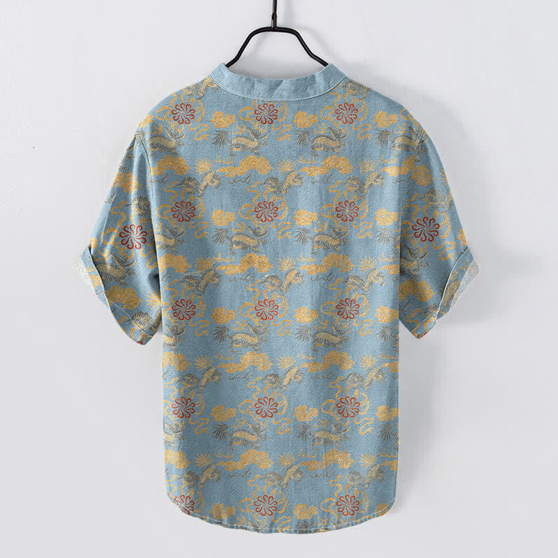 Buddha Stones Cotton Oriental Floral Cloud Wave Pattern Men's Short Sleeve Half Button Shirt - image 4