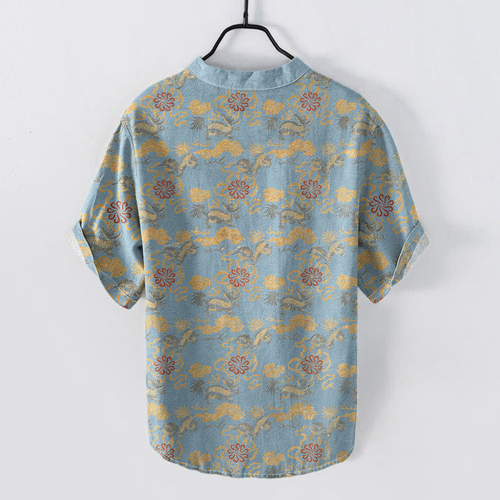 Buddha Stones Cotton Oriental Floral Cloud Wave Pattern Men's Short Sleeve Half Button Shirt - image 4