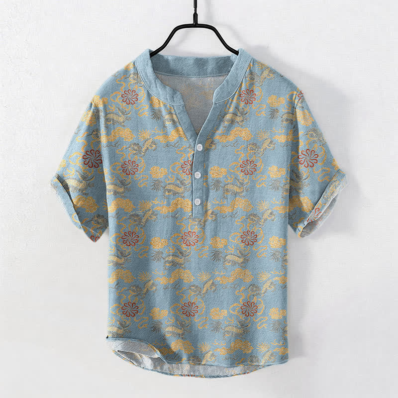 Buddha Stones Cotton Oriental Floral Cloud Wave Pattern Men's Short Sleeve Half Button Shirt - LightBlue - US/UK/AU50，EU60 (5XL) - image 3