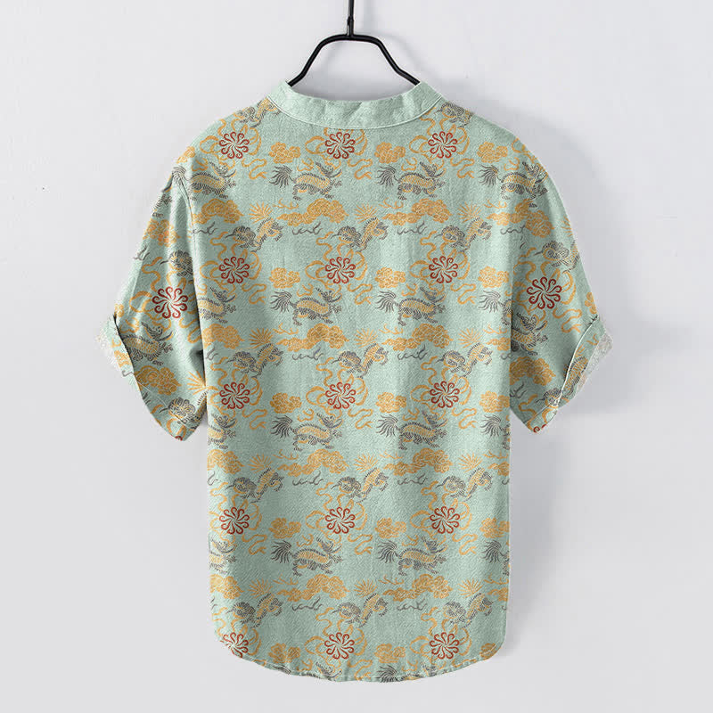 Buddha Stones Cotton Oriental Floral Cloud Wave Pattern Men's Short Sleeve Half Button Shirt - image 6