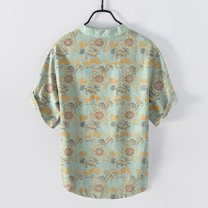 Buddha Stones Cotton Oriental Floral Cloud Wave Pattern Men's Short Sleeve Half Button Shirt - image 6