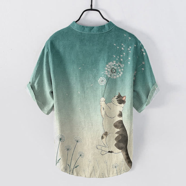 Buddha Stones Cotton Hand Drawn Cat Dandelion Pattern Men's Short Sleeve Half Button Shirt - image 1