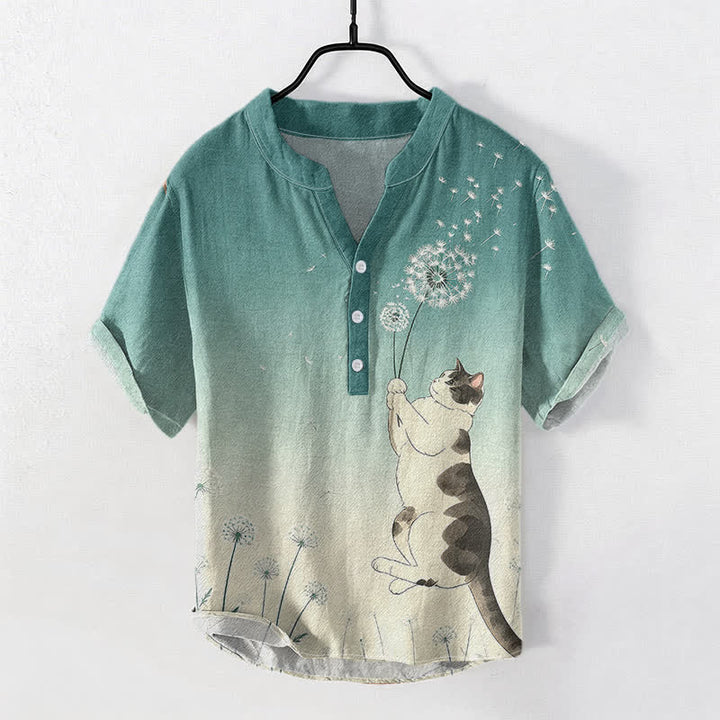 Buddha Stones Cotton Hand Drawn Cat Dandelion Pattern Men's Short Sleeve Half Button Shirt - MediumSeaGreen - US/UK/AU50，EU60 (5XL) - image 0