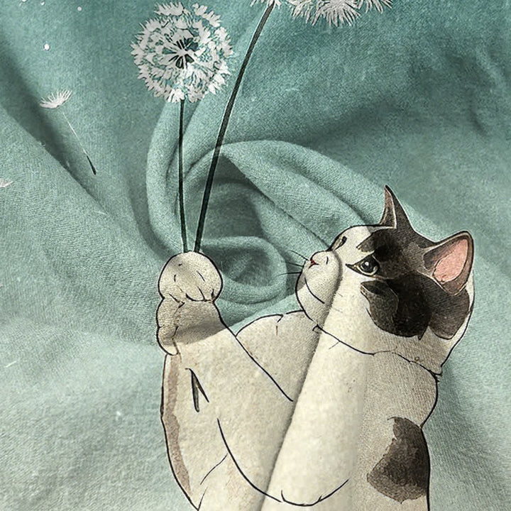 Buddha Stones Cotton Hand Drawn Cat Dandelion Pattern Men's Short Sleeve Half Button Shirt - image 2